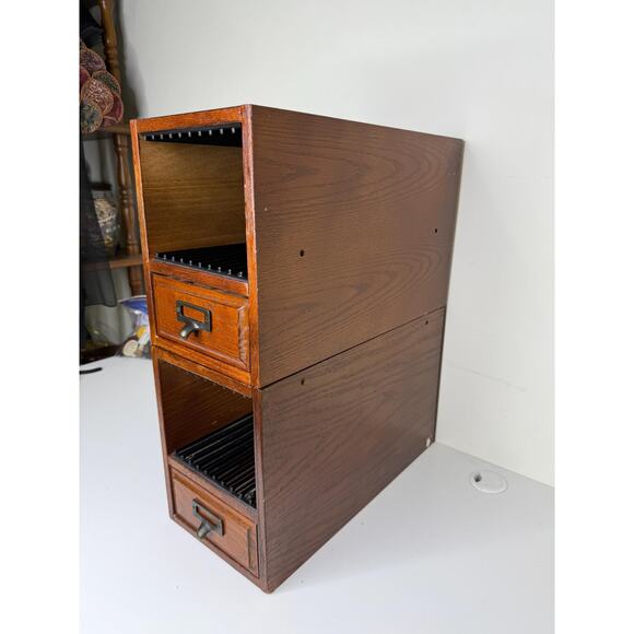 Vintage Library Card Catalog Pair Set Lot Of 2, Stackable Wood Brass Cabinet - Picture 10 of 10